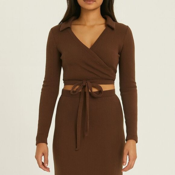 Wrap Top Chocolate Brown L/S M Vneck Ribbed Gremlincore Blouse Goblincore - Picture 1 of 6